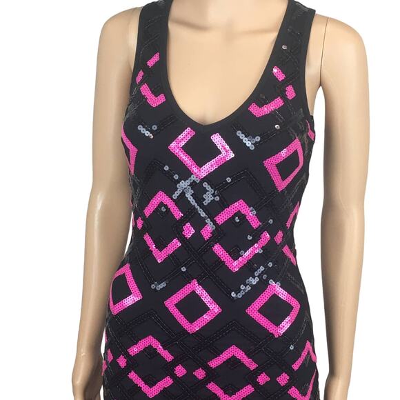 bebe Pink Black Sequence Dress with Ribbed Back Size Small - Picture 2 of 10